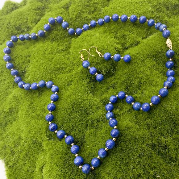 Lapis Lazuli Beaded Necklace Earring Set w 14K Gold Spacer Beads and Clasp ~58g - Picture 3 of 12